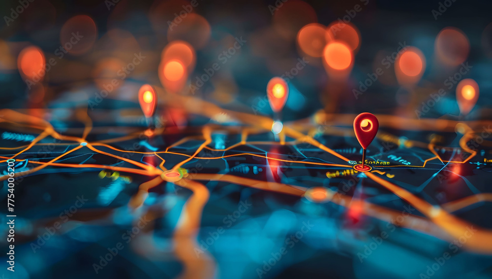Poster a digital map featuring interconnected location pins, symbolizing global network connectivity and ge
