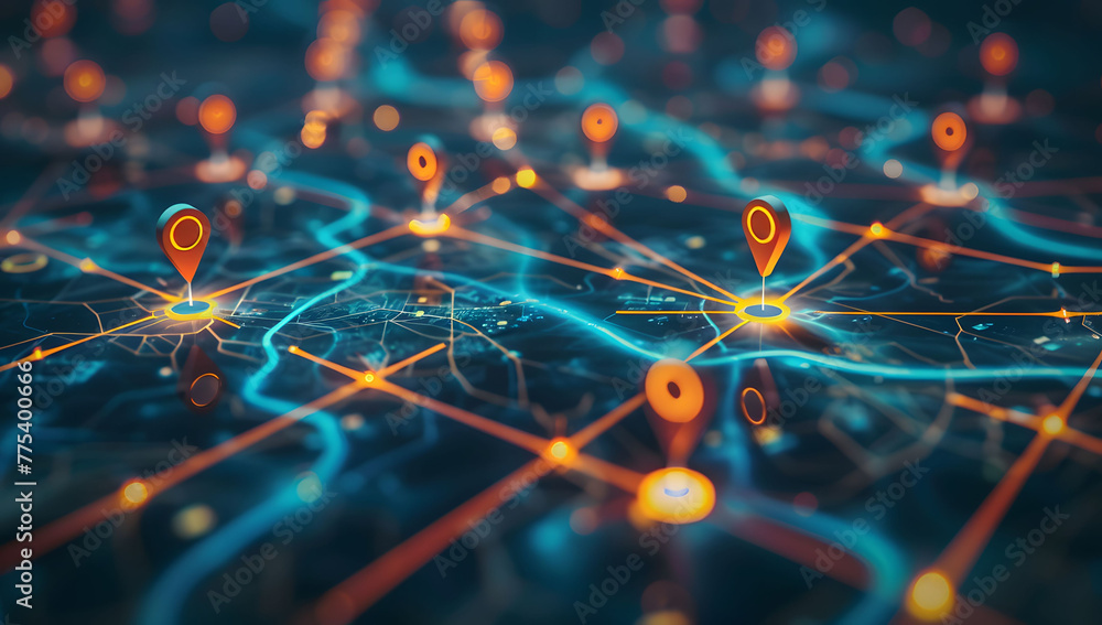 Poster a digital map featuring interconnected location pins, symbolizing global network connectivity and ge