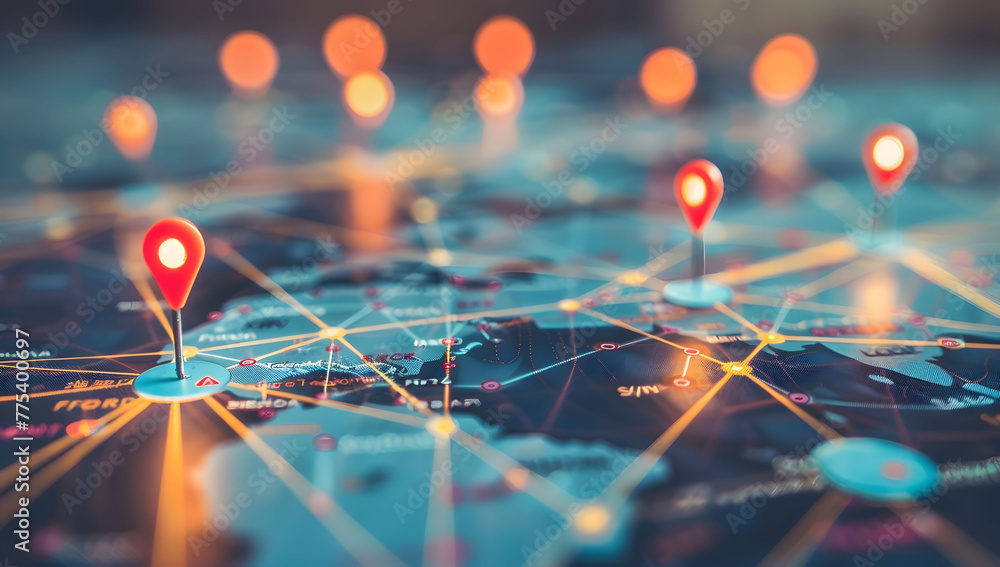 Poster a digital map featuring interconnected location pins, symbolizing global network connectivity and ge