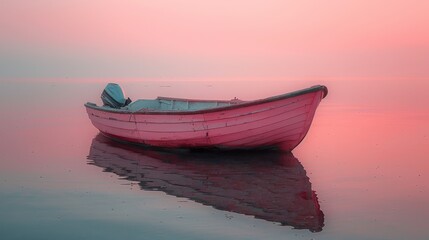   A pink sky surrounds a boat floating on water