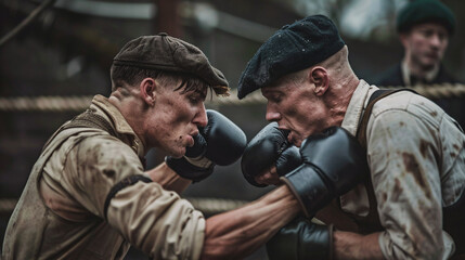 Historical Boxers Engaging in a Vintage Outdoor Match