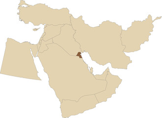 Dark brown detailed blank political map of KUWAIT with black borders on transparent background using orthographic projection of the light brown Middle East