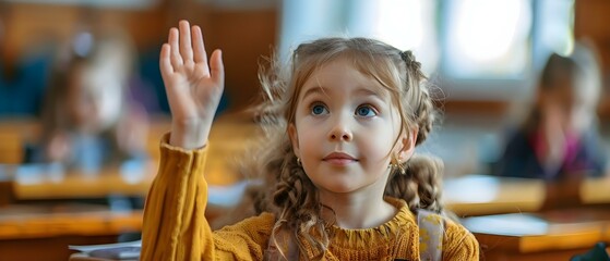 Welldressed child in classroom raising hand to speak looking attentive and eager to participate. Concept School, Education, Classroom, Child, Participation