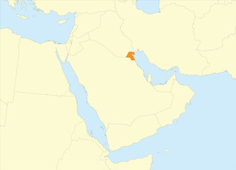 Orange detailed blank political map of KUWAIT with black borders on beige continent background and blue sea surfaces using orthographic projection of the Middle East