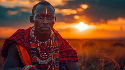 Maasai warrior portrait in traditional attire on kenyan savannah at magic hour, intense gaze - obrazy, fototapety, plakaty