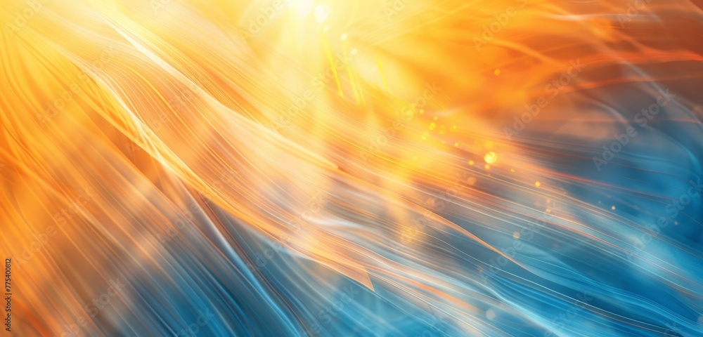 Poster abstract background with sun rays and curved lines in orange, yellow and blue colors generative ai