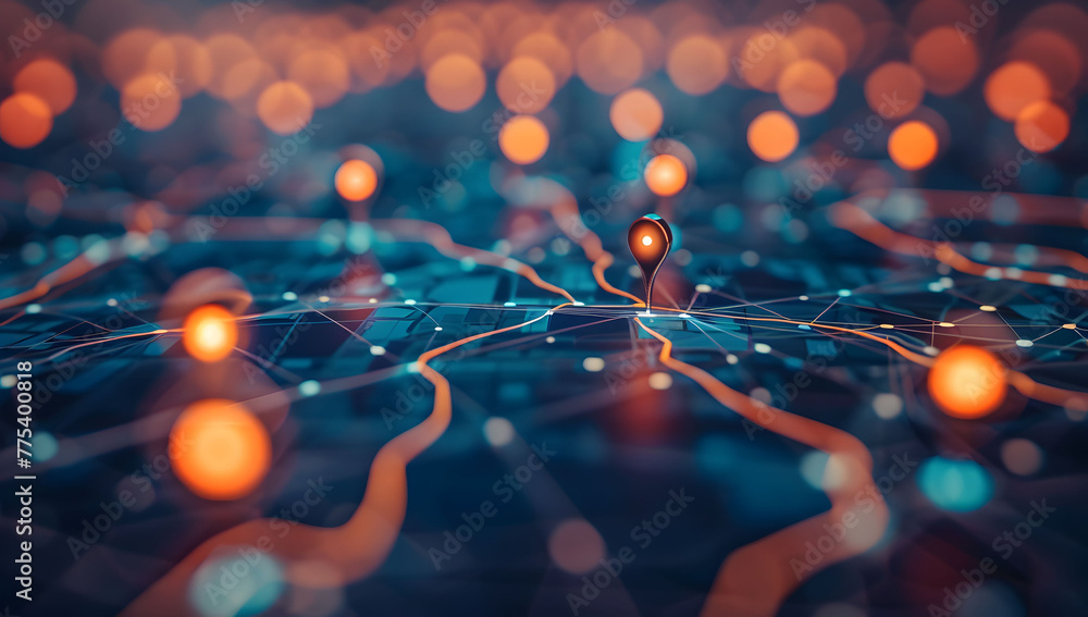 Poster a digital map featuring interconnected location pins, symbolizing global network connectivity and ge