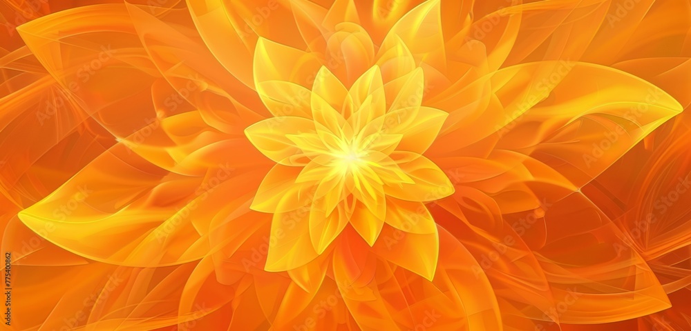 Poster abstract background with orange and yellow tones, with sun rays shining through the center of an abs