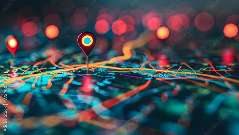 Poster a digital map featuring interconnected location pins, symbolizing global network connectivity and ge