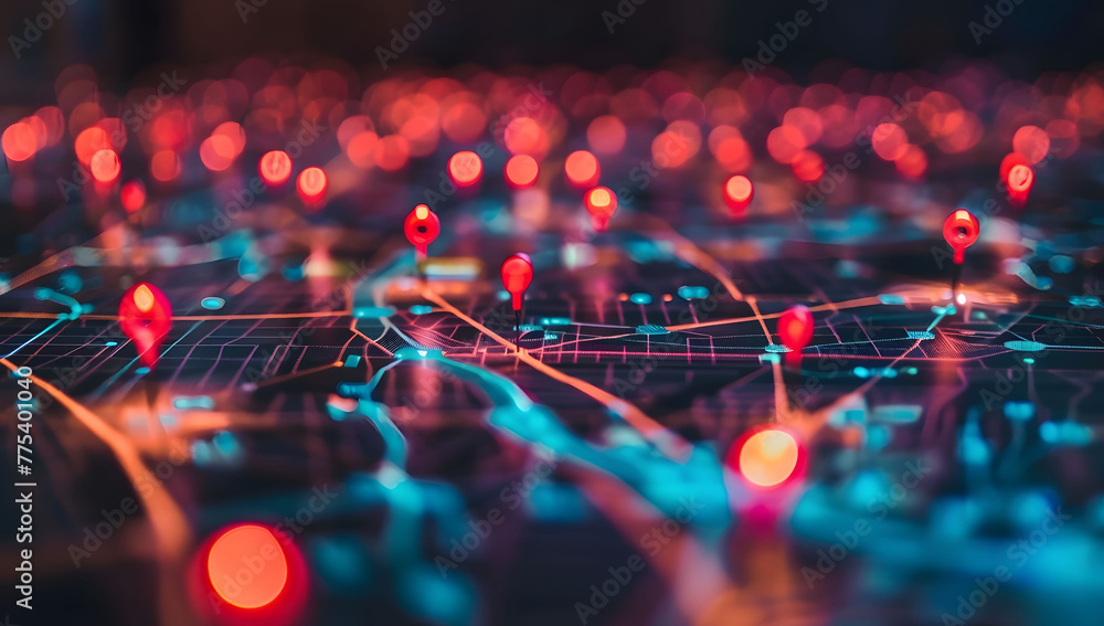 Poster a digital map featuring interconnected location pins, symbolizing global network connectivity and ge