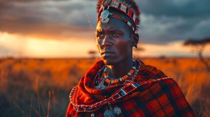 Detailed maasai warrior portrait in traditional attire on kenyan savannah at magic hour - obrazy, fototapety, plakaty
