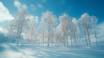 Obraz premium A cluster of trees in snow against a blue backdrop with scattered clouds