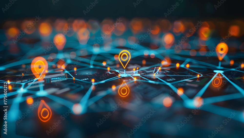 Poster a digital map featuring interconnected location pins, symbolizing global network connectivity and ge
