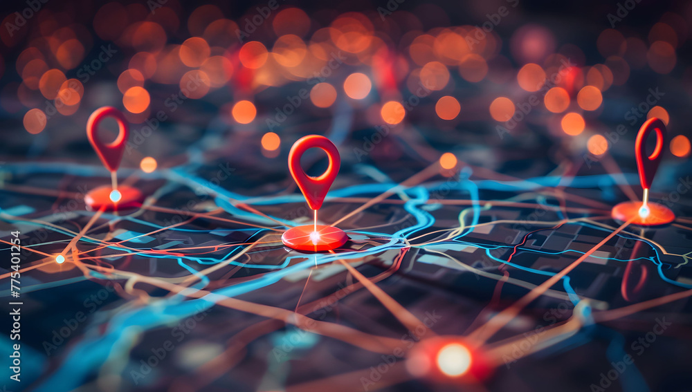 Poster a digital map featuring interconnected location pins, symbolizing global network connectivity and ge