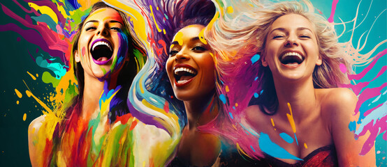 extremely happy young women, colorful spectacle of emotions