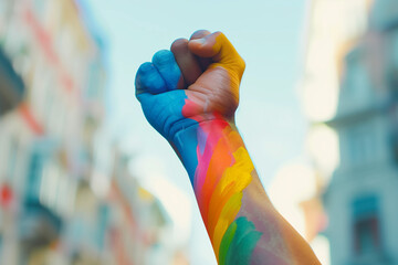 Gay pride hand showing punch on street, LGBTQ concept