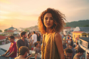 young adult woman on a balcony or on a flat rooftop, party or meeting with friends or tourists, vacation day or nightlife in an old town, fictional place
