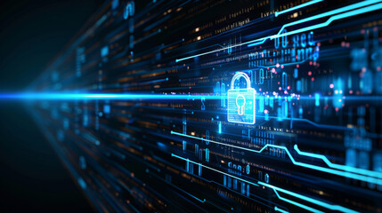 Illustration of cyber security lock on blue digital network lines - cloud computing concept