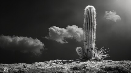   A monochrome picture of a saguaro cactus perched on a rocky outcropping beneath a cloud-laden sky - obrazy, fototapety, plakaty