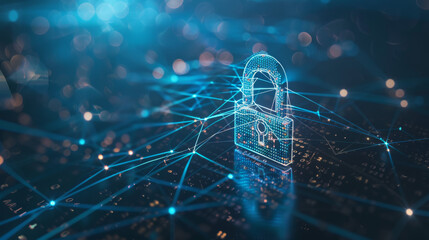 Illustration of cyber security lock on blue digital network lines - cloud computing concept