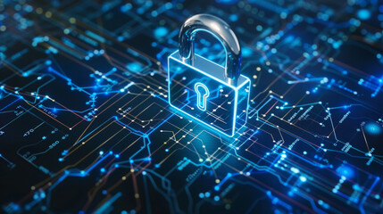 Illustration of cyber security lock on blue digital network lines - cloud computing concept