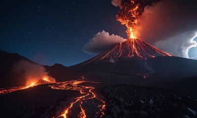 Strong volcanic eruption at night. - obrazy, fototapety, plakaty