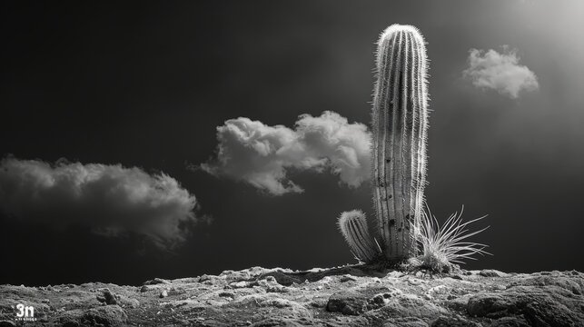   A monochrome picture of a saguaro cactus perched on a rocky outcropping beneath a cloud-laden sky