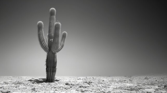   A monochrome picture of a cactus, surrounded by sand in a barren landscape, against a gray sky