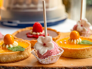 Delicious cake pops and tartelettes are offered as a buffet at a party