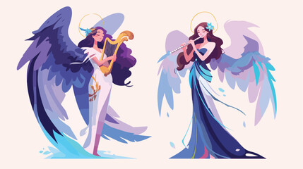Angel with harp. Angel with flute. Vector illustrat