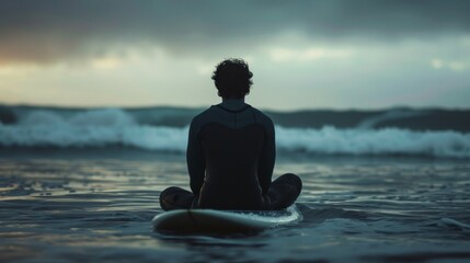 Contemplative surfer sitting on board at dusk, waves in the background