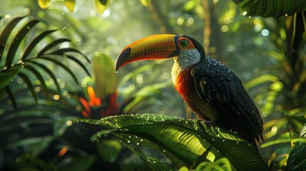 Fototapeta premium Vivid amazon rainforest canopy with toucan, high resolution, vibrant hues, sharp details