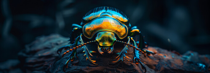 This panoramic view emphasizes the glowing colors and shapes of a beetle against a natural backdrop - obrazy, fototapety, plakaty
