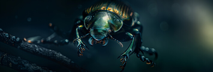 A beetle clings to a twig against a dark background, with a focus on its gleaming carapace - obrazy, fototapety, plakaty