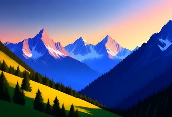 Digital Painting Serene Mountain Range At Sunset M (7) 1