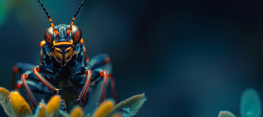 Vivid close-up of a red-eyed grasshopper perched on a yellow flower - obrazy, fototapety, plakaty