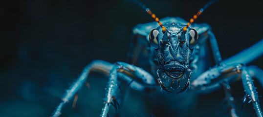 Intense close-up of an grasshopper emphasizing its facial features and vibrant blue hue