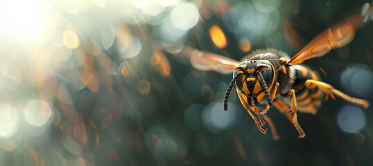 A detailed close-up of a wasp with wings spread, basking in a radiant glow of light highlighting its details - obrazy, fototapety, plakaty