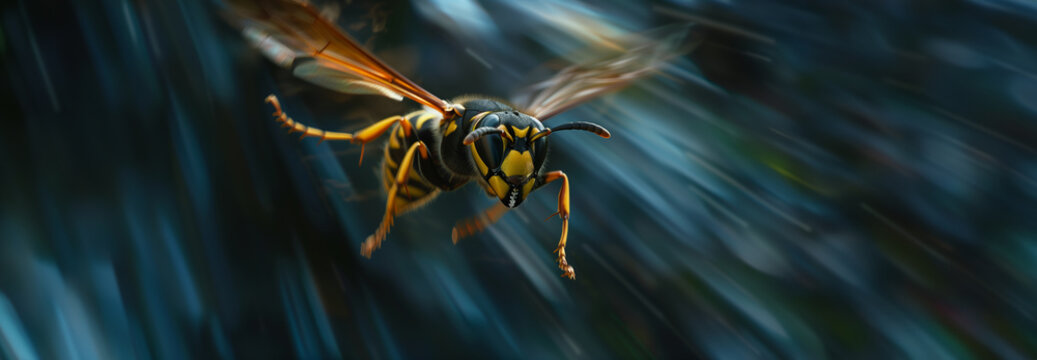 A dynamic image capturing a wasp in flight with its wings in motion, set against a blue backdrop