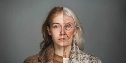 A poignant juxtaposition of a young woman and an elder's facial features to reflect the journey of aging with copy space