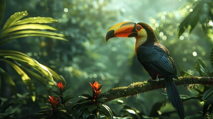 Naklejka premium Vivid amazon rainforest toucan in dappled sunlight among lush foliage in captivating scene
