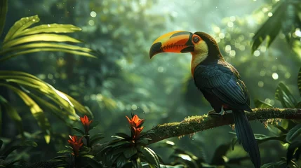 Foto auf Acrylglas Vivid amazon rainforest  toucan in dappled sunlight among lush foliage in captivating scene © RECARTFRAME CH