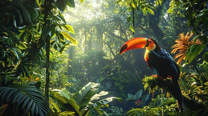 Naklejka premium Vivid amazon rainforest canopy with toucan in photorealistic setting and vibrant foliage