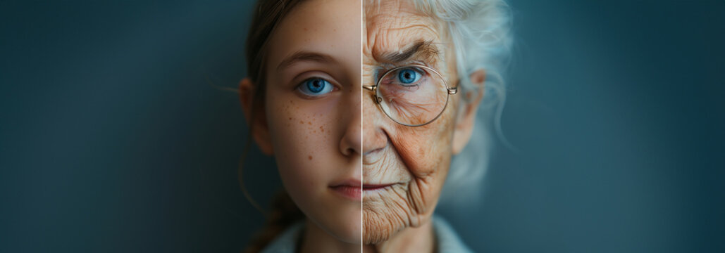 Artistic representation of young girl and old woman's face combined, highlighting life's transitions with copy space