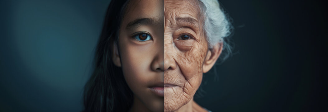 Fusion of young Asian girl and elderly woman's face, depicting youth and old age in one portrait with copy space
