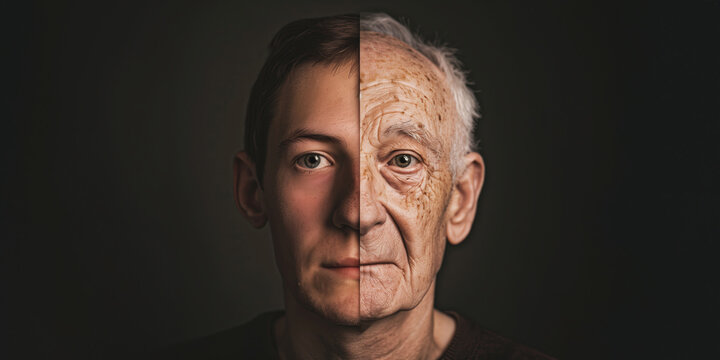 A startling portrait blending a young man's and an older man's facial features to illustrate aging with copy space