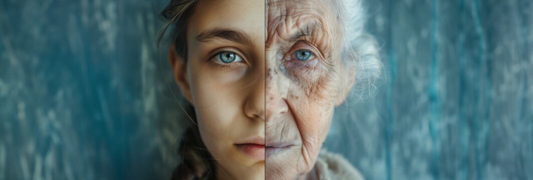Creative composition merging young girl's and aged woman's features against a blurred backdrop with copy space