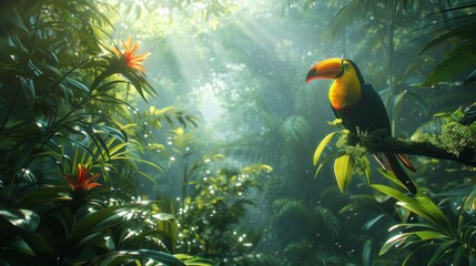 Naklejka premium Vivid amazon rainforest with toucan in high res wide angle shot of vibrant foliage and bromeliads