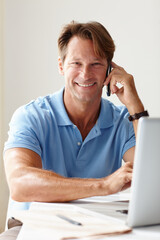 Portrait, mature man and laptop in home for phone call with online, remote work and smile. Male person, communication and technology in house with happy, internet and connectivity for business