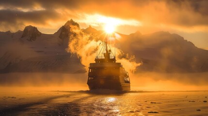 Expedition ship cruising under the golden midnight sun by snowy mountains